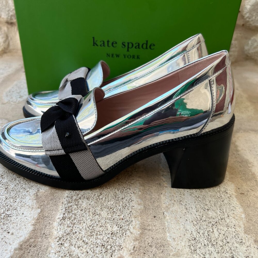 Kate Spade Leandra Heel Loafers Silver Mirror 8 M NEW NWT - Picture 7 of 10